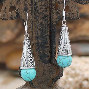 New Beautiful 925 Silver Blue Howlite Filigree Bali Cone Drop Earrings
